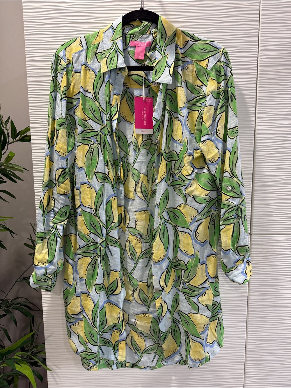 Linen blend Lemon Print Button-Up Shirt - Green & Yellow